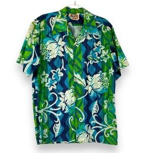 Vintage Hawaiian Shirt Mens Aloha Fashions Blue Green Floral Button Up Size M